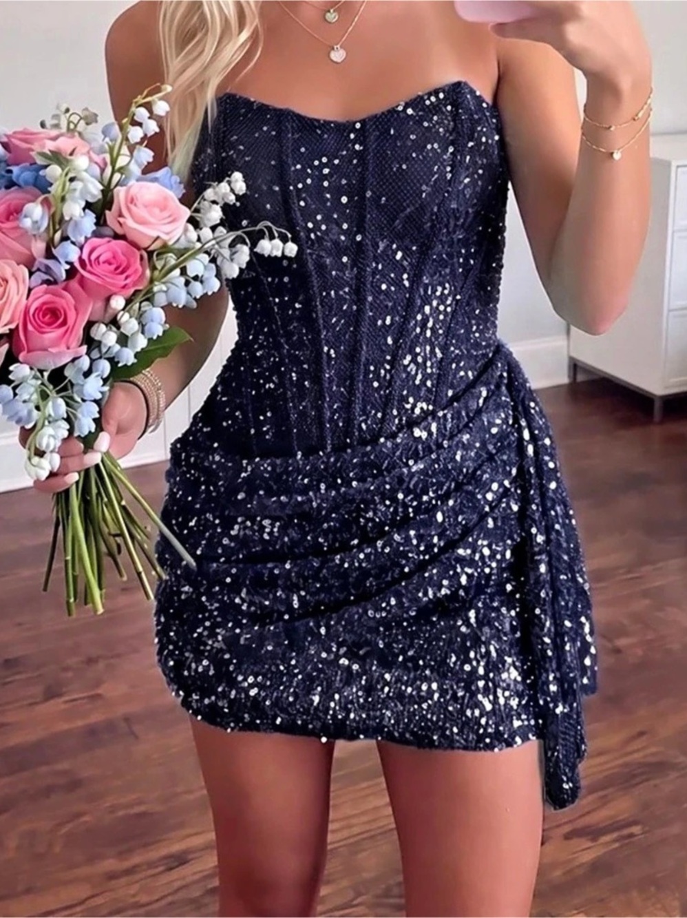 Blue Sequin Strapless Mini Dress